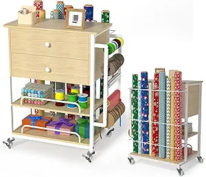 Wrapping Paper Storage & Organizer, Craft Cart with Ribbon & Gift Bag Storage, Wrapping Paper Organizer Holder(2 Wooden Drawers-Oak)