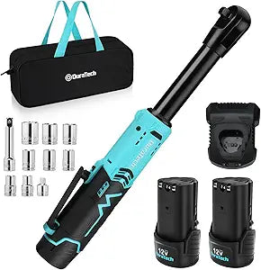 DURATECH Extended Cordless Ratchet Wrench, 3/8" 12V 44 Ft-Lbs Long Neck Electric Ratchet Wrench with 2-Pack 2.0Ah Li-Ion Battery, 1 Hour Fast Charger, 10 Sockets Accessories & Variable Speed Trigger