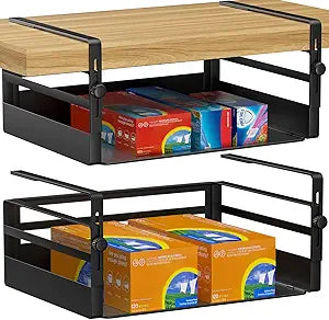AmonHouseware 2 Pack Under Shelf Basket Organizers,Adjustable Hanging Under Cabinet Add-on Storage Racks Slide-in Baskets Organizer for Laundry Room Kitchen Pantry Desk Bookshelf, Black