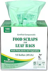 Compostable Trash Bags, Extra Thick, Compost Kitchen Bin Bags, Food Scraps Yard Waste Bags, ASTM D6400 BPI and TV AUSTRIA Certified (13 Gallon, Pack of 100)