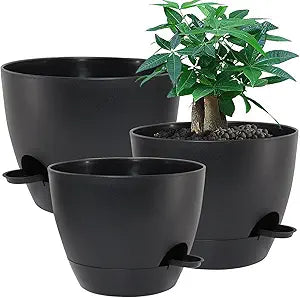 UOUZ Large Self Watering Pots, 12/10/9 Plastic Planters with High Drainage Holes and Deep Reservoir for Indoor Outdoor Garden Plants and Flowers, Black