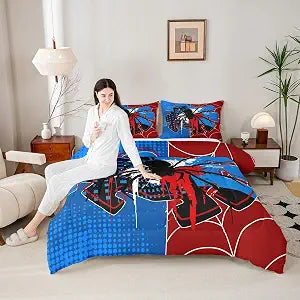 Spider Web Kids Comforter Set Full Size,Spider Arachnid Insect Animal Bedding Set,Boys Girls Women Men Room Decor,Modern Block Halloween Quilt Comforter,Red Blue Unique Duvet Insert,2 Pillowcases