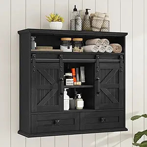 Vabches Bathroom Wall Cabinet, Farmhouse Medicine Cabinet with Double Sliding Barn Door and Storage Drawer, Wooden Vintage Storage Cabinet Wall Mounted for Bathroom, Kitchen, Rustic Black
