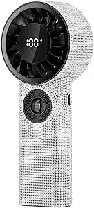 Full Luxury Diamond Handheld Fan Bling White Rhinestone Portable Fan with 1-100 Speed Stepless Scroll Control, Digital Display, 3600mAh Rechargeable Personal Fan for Makeup, Outdoor, Travel