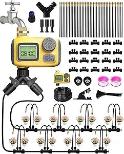 66FT Drip Irrigation System with Timer, Automatic Watering System Kit with Solid Brass Metal Connectors, 360 DualOutlet Adjustable Nozzles for Garden, Yard, Lawn, Greenhouse & Potted Plants
