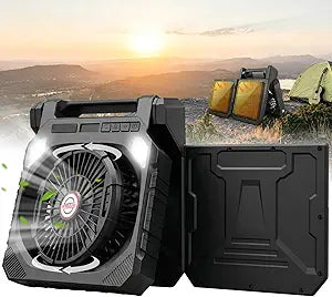 22000mAh Camping Solar Fan, 10" Dual-Panel Rechargeable Solar Powered Fan with LED Light and Arc Flashlight, LED Digital Display, 180┬░ Swivel Oscillating, Portable Table Fans for Picnic, Barbecue