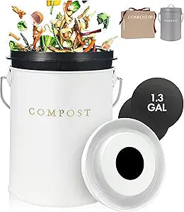 White 1.3 Gallon Indoor Compost Bin Kitchen Odorless with Lid for Composting Food Waste Bucket for Counters, Stainless Steel Kitchen Compost Bin Countertop Trash Can Scrap Container Composter Caddy