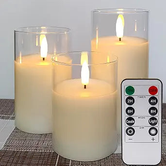 Clear Glass flameless Candles with Remote, Battery Operated Candles, Flickering LED Pillar Electric Fake Candles for Indoor Home Party Christmas Decor