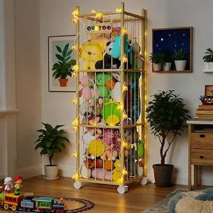 Stuffed Animal Storage Zoo with Wheels and Twinkling Bee String Lights, 55.12in Large Wooden Stuffed Animal Storage & Organizer with Elastic Cord Plush Toy Storage for Toy Organization