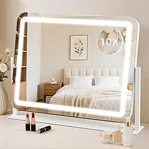 Vanity Mirror with Lights, Lighted Makeup Mirror with 10X Magnification, 3 Color Dimmble Lights, Touch Control, 360 Rotation, Metal Frame, Women's Gift, for Bedroom/Dressing Room, White