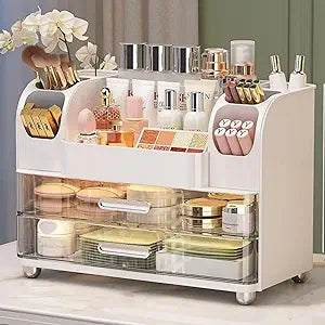 Makeup Organizer with 2 Drawers, Cosmetic Display Case, Storage Holder for Vanity, Bathroom Counter, Desk, Beauty Supplies (White)