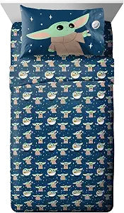 Jay Franco Kids Sheet Set with Fitted, Flat Sheets & Pillow Cover - Ultra-Soft Bedding with Pillowcase for Room Decor, Blue - Star Wars Mandalorian, 4 Piece Full