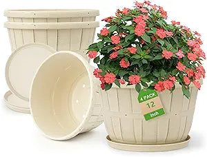 Quarut 12 Inch Large Planter Pot for Plants Indoor Outdoor, 4 Pack Plastic Flower Pots with Drainage Hole & Tray, Modern Decorative Garden Pot with Saucer, Plant Container for HouseWhite