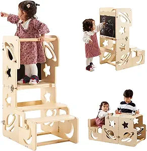 Toddler Tower, Toddler Stool for Kitchen, Kids Learning Wooden Tower, Foldable Weaning Table with Kids Step Stool, Montessori Standing Tower for Bathroom and Kitchen Counter