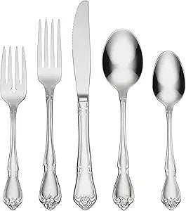 Oneida Silverware Set, True Rose 20-Piece Everyday Flatware Set, Service For 4, 18/0 Stainless Steel, Dishwasher Safe, Knife Spoons And Forks Set, Home And Kitchen Utensils (Silver, 20 Piece)