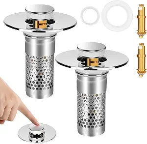 Bathroom Sink Drain Strainer, 2PCS Pop Up Sink Drain Filter with Removable Stainless Steel Filter Basket Hair Catcher, Bathroom Sink Drain Stopper, Universal Drain Plug for Sink Drain & Replacement