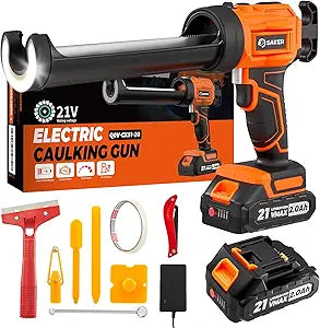Saker Electric Caulking Gun Cordless Caulk Gun Drip-free with Caulking Tools 4 Adjustable Speeds with LED Light 10oz/300ml for Kitchen Bathroom Filling, Sealing 2 Batteries