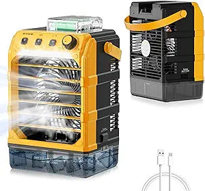 Rozlchar Portable Misting Fan Compatible for Dewalt 20V Battery(Tool Only), Outdoor Camping Fan with 1600mL Water Tank, Variable Speed, 2-4-6-8H Timer, 7 Color LED Lights Γ USB Powered Also