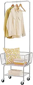 Tajsoon Laundry Cart with Hanging Rack, Metal Rolling Laundry Cart with Wheels and Storage Basket, Silver