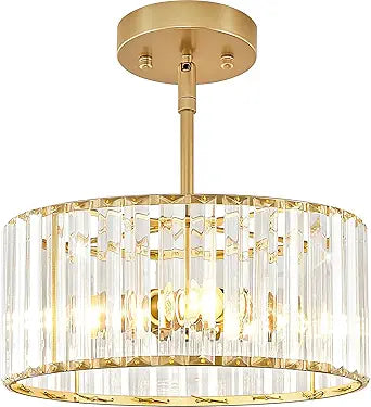YURNYQ Gold Crystal Chandelier, Small Modern Semi Flush Mount Ceiling Chandelier Light Fixtures, Round Hanging Lighting Fixture for Kitchen Bedroom Hallway Entryway Laundry Room, 3-Light, 11.8 Inch