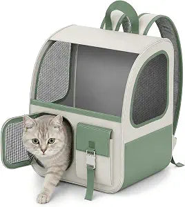 Large Cat Backpack Carrier with Front Window & Super Large Space, Designed for Long Adventures Travel Hiking, Pet Carrier Backpack for Cats Small Puppies up to 16.5lbs, Green White