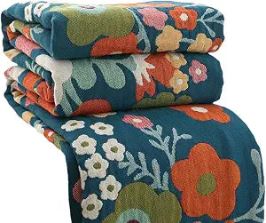 Boho Throw Blanket 60"x80", 100% Cotton Muslin Blankets for Couch Bed Sofa Chair, 4-Layer Soft Cozy Quilt Travel Blanket with Floral, Farmhouse Decor,All Seasons(Blue)