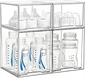 Baby Bottle Storage Organizer: Clear Stackable Storage Drawers, Acrylic Bottles Station Organizer Container for Countertop, Vanity, Bathroom, Cabinet Organization - 4 Pack