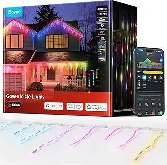Govee Icicle Lights, Smart RGBIC Christmas Lights for Outside, 33ft with 400 LEDs Icicle Light Outdoor, IP67 Waterproof, Music Sync, Voice Control, 78+ Scene Modes for Christmas Decor
