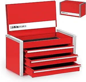 P.I.T. Mini Tool Box 8.6"W X 4.6"D, Portable 3 Drawer Steel Stackable Red Tool Box with Magnetic Tab Locking, Red Micro Top Chest with Liner for Tools Storage and Organizers, Home DIY