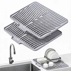 TIKNIK Silicone Dish Drying Mat, Stone Drying Mat for Kitchen Counter with Built-In Drain, Non-Slip Drain Pad with Built-in Drain, Heat Resistant Stone Drying Mat, Hangable, Grey-2pcs, 20" x 15"