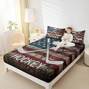 Ice Hockey Bed Sheets Twin Size, American Flag Fitted Sheet for Kids Boys Teens, Hockey Sports Game Bedding Set United States Federations Stars Stripes Retro Fitted Bed Sheets with 1 Pillow Case