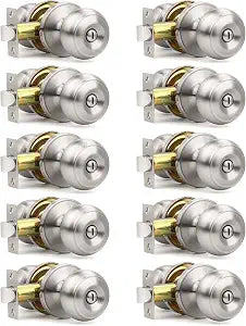 Orger 10 Pack Brushed Nickel Privacy Door Knobs Interior, Classic Round Shape Stain Nickel Bedroom Doorknobs with Lock, Keyless Modern Design Door Lockset for Bathroom and Bedroom
