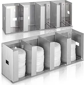 Hicarer 4 Compartments Stainless Steel Cup Dispenser with Adjustable Dividers Silver Cup and Lid Holder Lid Organizer Storage for Cabinet Kitchen Cafe Tea Shop Restaurant, Silver