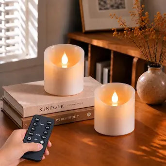 3"x3" Flickering Flameless Candles, Realistic LED Candles, Battery Operated Candles with Remote and Timers, Real Wax Electric Fake Pillar Candles for Festival Wedding Home Party Decor -2Pack