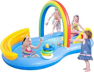 Inflatable Swimming Pool with Water Slide, Inflatable Play Center with Spray Water, Toss Ring, Ball for Outdoor Backyard Garden Water Park