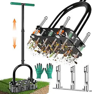 Bigwish 2-in-1 Lawn Aerator Tool with Interchangeable Spike & Plug Core Heads, Manual Lawn Aerator with Adjustable Handle, Heavy Duty Yard Aerator for Soil Loosening Lawn Care Garden Yard