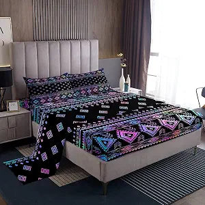 Western Tribal Sheet Set Queen Size Blue Purple Aztec Boho Print Bed Sheet Rustic Farmhouse Style Bedding Set Kids Girls Boys Woman Room Decor Watercolor Black Stripes Fitted + Flat Sheet,4Pcs