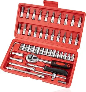 Beaiguna 46PCS Small Drive Socket Ratchet Wrench Screwdriver Set, 1/4 Inch Metric Socket and Ratchet Wrench Set with Extension Bar, Upgrade Compact Tool Set for Car