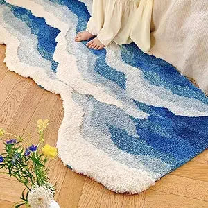 Blue 3D Ocean Wave Bath Mat, Cute Funky Bathroom Rugs,for Coastal Beach Nautical Themed Decor, Non-Slip Washable Tufted Rug for Bedroom Kitchen Runner Rug (27.6 x 63 in)