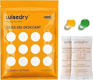 wisedry 50 Gram [10 Packs] Silica Gel Packets, Microwave Fast Reactivate Desiccant Packs with Indicating Beads, Reusable Silica Packets for 3D Filament, Drawers, Electronics, Valuables & Safes