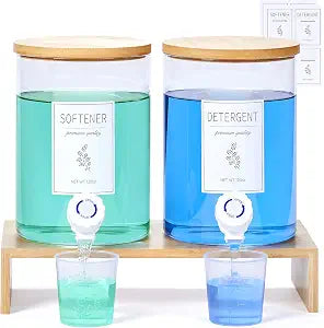 Glass Laundry Detergent Dispenser with Shelf & Bamboo Lid - 120 Oz Liquid Detergent, Laundry Soap & Fabric Softener Dispenser for Laundry Room Organization and Storage with 2 Cups & 8 Labels