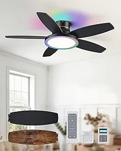 VONLUCE RGB Ceiling Fan with Lights and Remote, 42'' Modern Black Ceiling Fan with Wall Control, Stepless Dimmable LED & RGB Ring Light, Quiet Reversible DC Motor, 6 Speeds for Bedroom Living Room