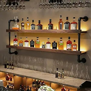 Wall Mounted Wine Rack with LED Light - 2-Tier Solid Wood Industrial Rustic Floating Shelves, Bottle Storage Organizer for Kitchen, Bar, Pub, Cellar, Home Bar (Walnut, 2-89cm/35in)