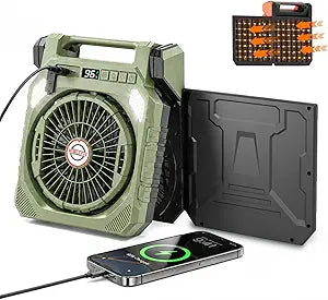 Rechargeable Solar Powered Fan, Camping Fan with 7W Solar Panel and LED Lantern, Quiet Function, Power Bank, Foldable Angle, with Timer, Max 42H Runtime, for Travel Outdoor Camping (Green)