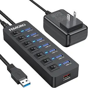 Powered USB 3.0 Hub, 7 Data Ports and 1 Charging Port, 4ft Cord for PC