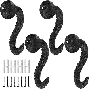 4 Pack Cast Iron Octopus Tentacle Wall Hook, Rustic,Black