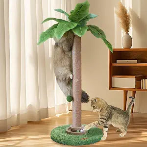 Meowoou Sisal Pole Cat Scratching Post with Wooden Ball Tracker Toy & Interactive Hanging Ball, Natural Palm Leaf Top Cat Tree Tower, 33 inch Tall Round Plush Base Pad for Indoor Kitten Scratcher
