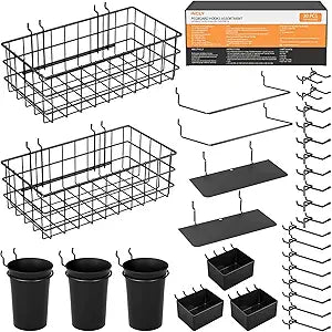 INCLY 30PCS Peg Board Organizer Accessories Kit, Pegboard Hooks Assortment with Bins, Cups, Wire Baskets and Paper Towel Holder for 1/8 and 1/4 Pegboard Garage Workbench Craft Room Organizing Tools