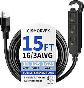 15Ft 3 Prong Multiple Outlets Outdoor Extension Cord, Black