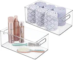 mDesign Deep Plastic Storage Organizer Container Bin, Bath and Shower Organization for Cabinet, Cupboard, Shelves, Counter, or Closet - Holds Shampoo, Vitamins, Ligne Collection, 2 Pack, Clear